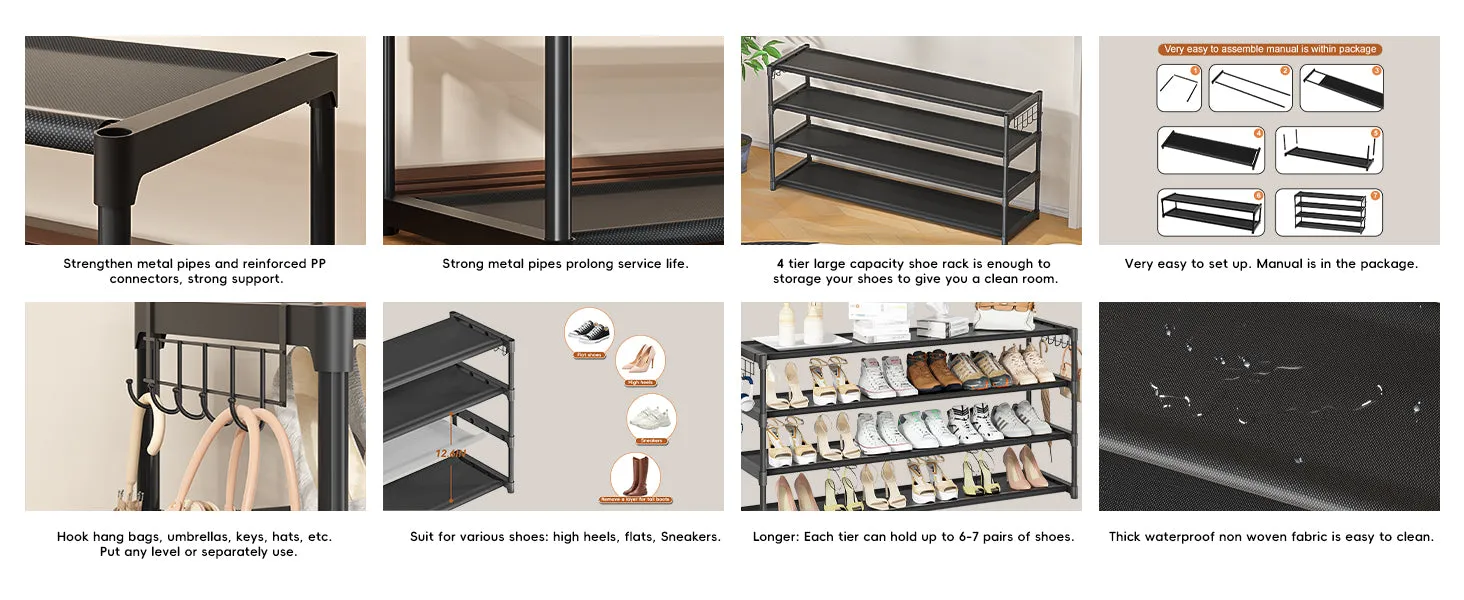 Long Shoe Rack 4 Tier Shoe Storage Organizer with 2 Hooks, Wide Stackable Shoe Organizer Racks for Closet Entryway,Shoe Shelf Stand Sturdy Durable Shoes Holder Save Space Up to 26Pairs