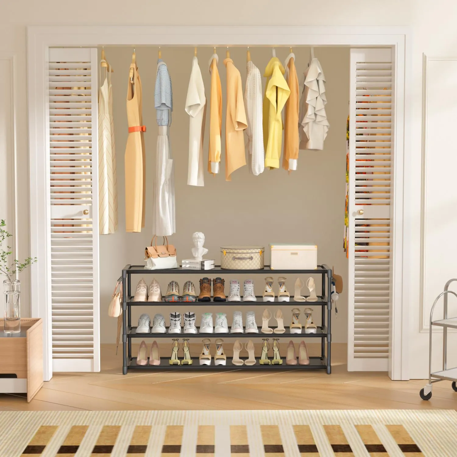 Long Shoe Rack 4 Tier Shoe Storage Organizer with 2 Hooks, Wide Stackable Shoe Organizer Racks for Closet Entryway,Shoe Shelf Stand Sturdy Durable Shoes Holder Save Space Up to 26Pairs