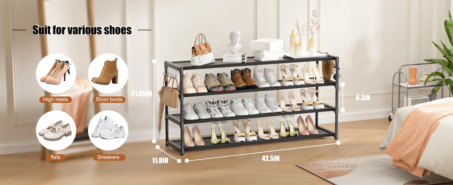 Long Shoe Rack 4 Tier Shoe Storage Organizer with 2 Hooks, Wide Stackable Shoe Organizer Racks for Closet Entryway,Shoe Shelf Stand Sturdy Durable Shoes Holder Save Space Up to 26Pairs