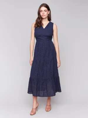 Long Sleeveless Cotton Eyelet Dress - Navy
