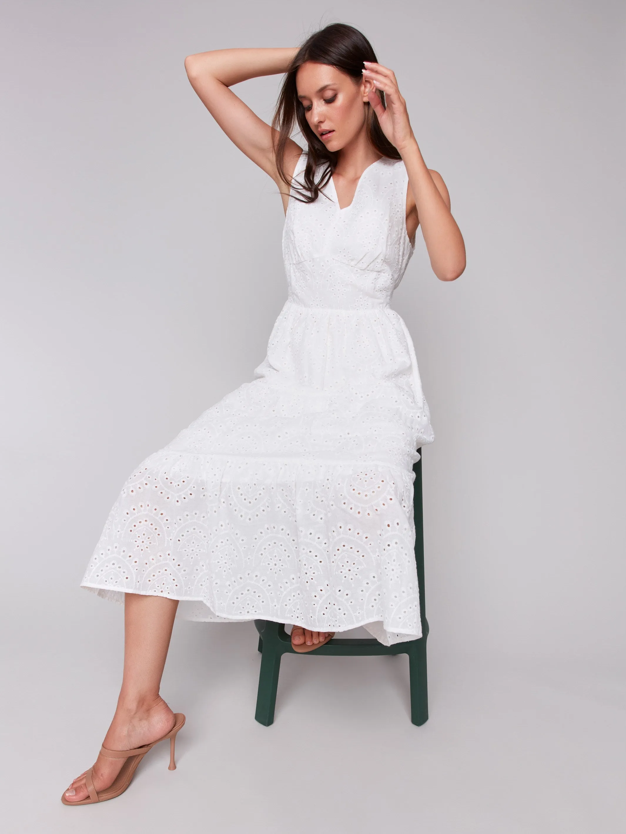 Long Sleeveless Cotton Eyelet Dress - White