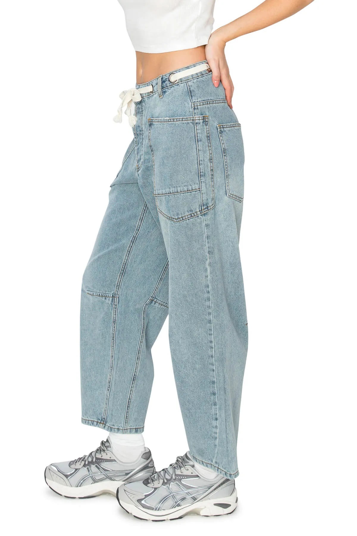 Low Slung Barrel Cargo Jeans - Medium Wash