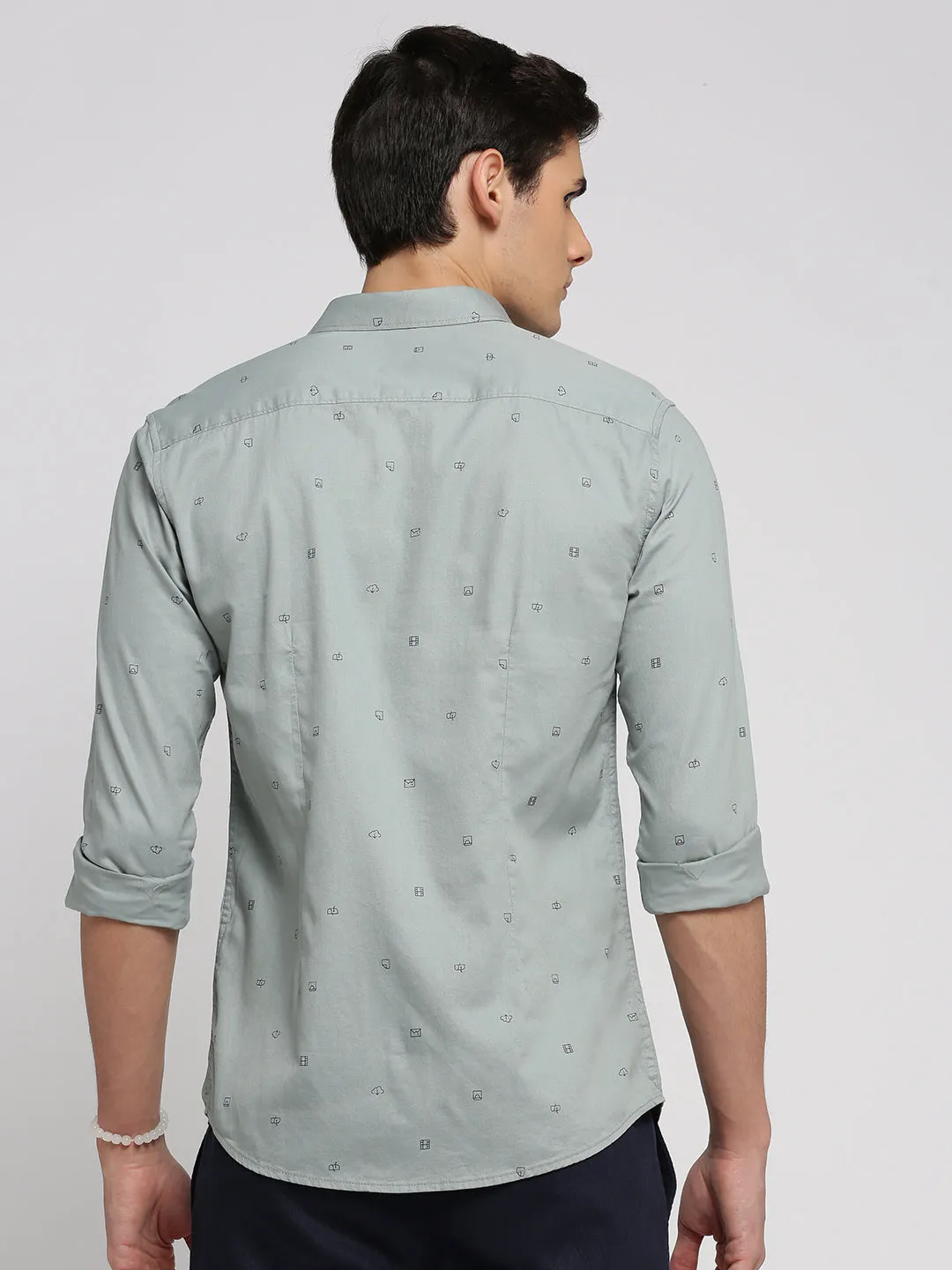 Men Sea Green Spread Collar Graphic Shirt