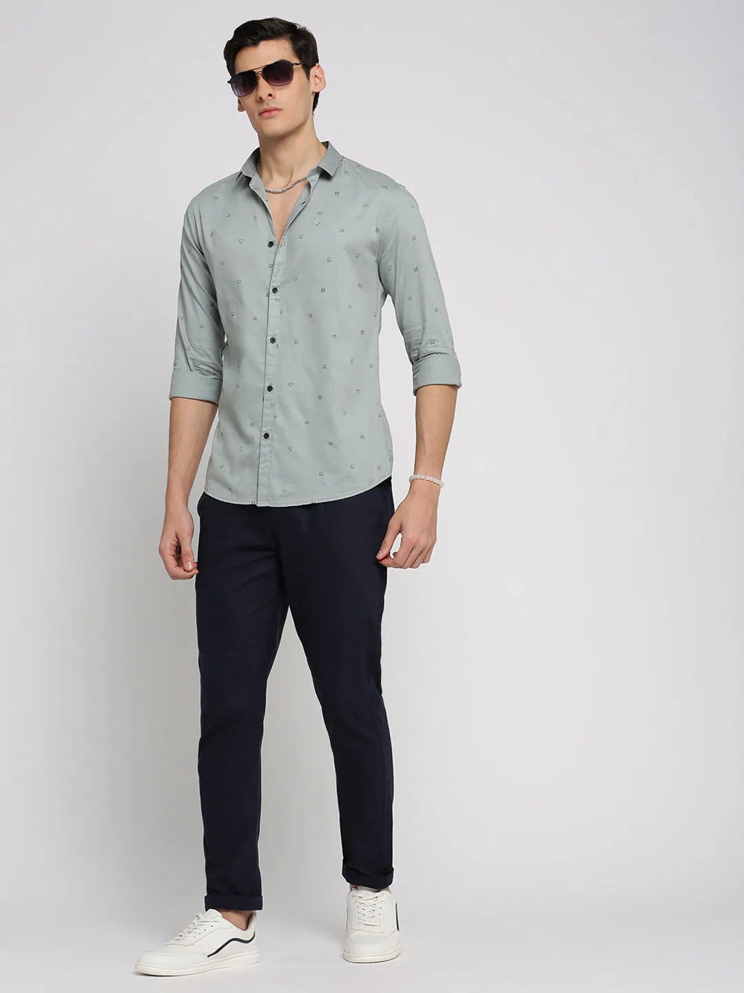 Men Sea Green Spread Collar Graphic Shirt