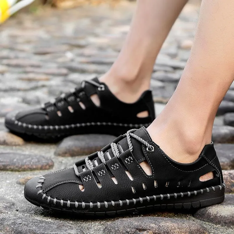 Men's Breathable Leather Large Size Stitching Hollow Out Water Shoes