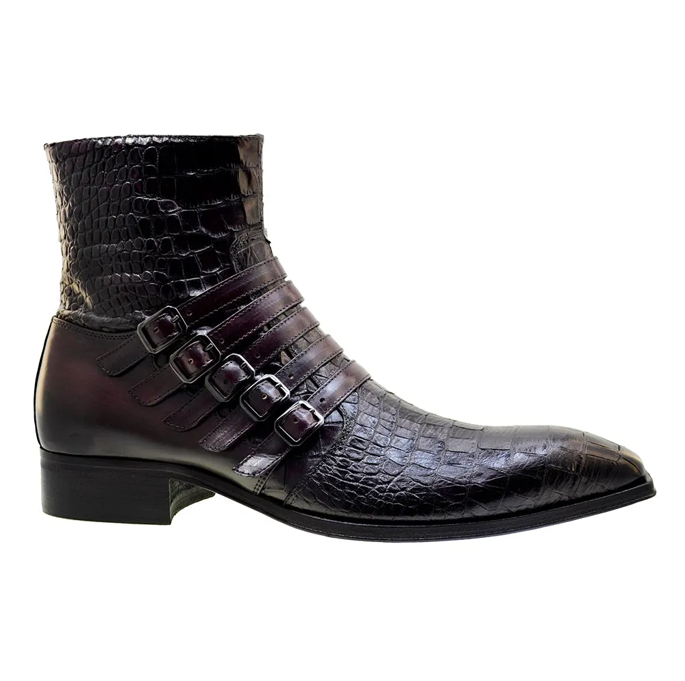 Men's Italian Shoes Jo Ghost 5225 Burgundy Print Crocodile Leather Buckle Boots