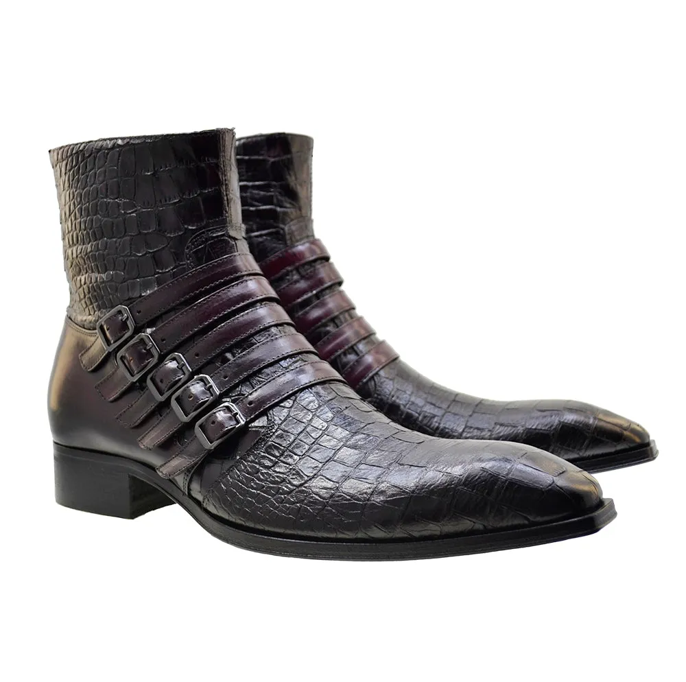 Men's Italian Shoes Jo Ghost 5225 Burgundy Print Crocodile Leather Buckle Boots