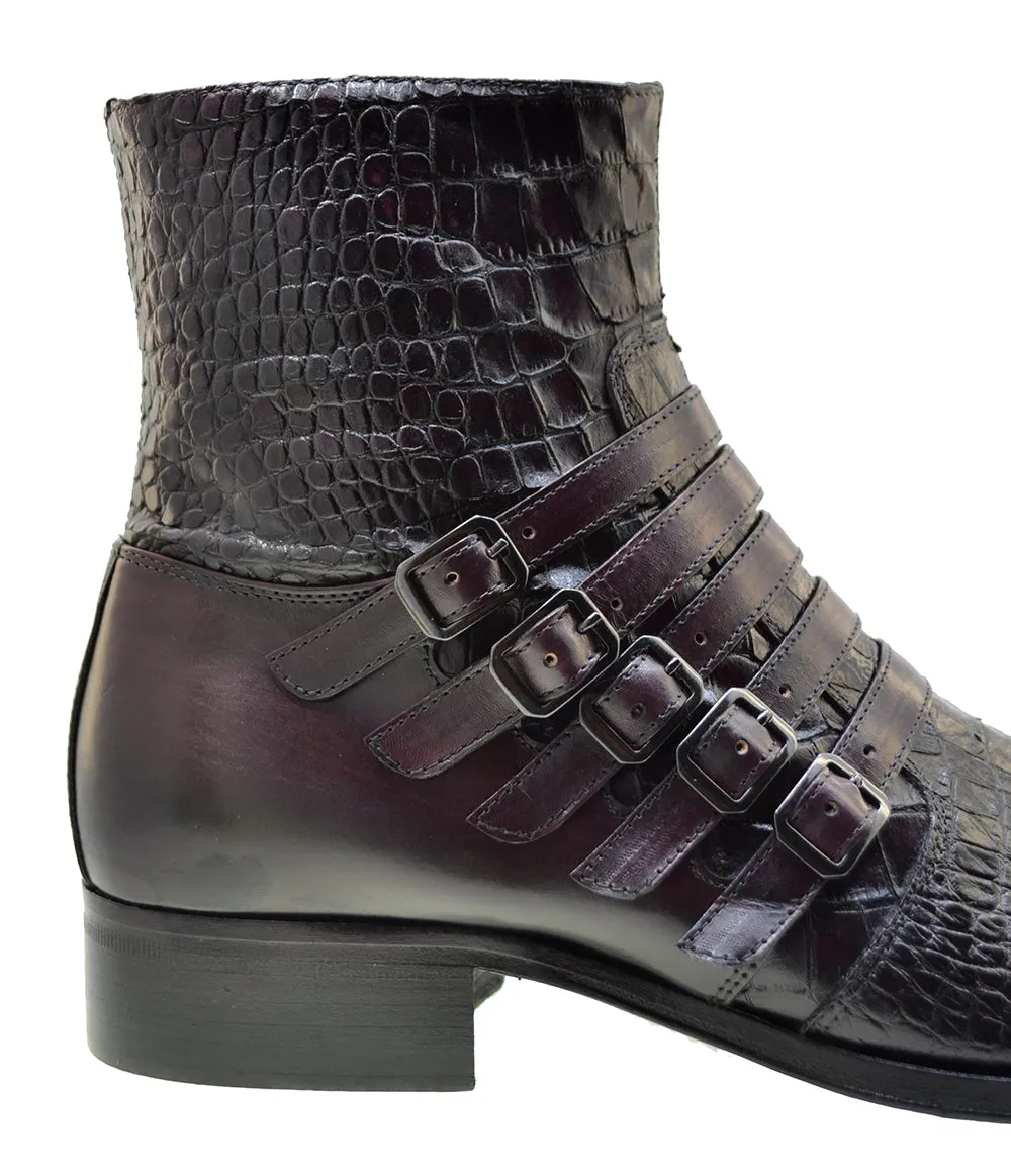 Men's Italian Shoes Jo Ghost 5225 Burgundy Print Crocodile Leather Buckle Boots