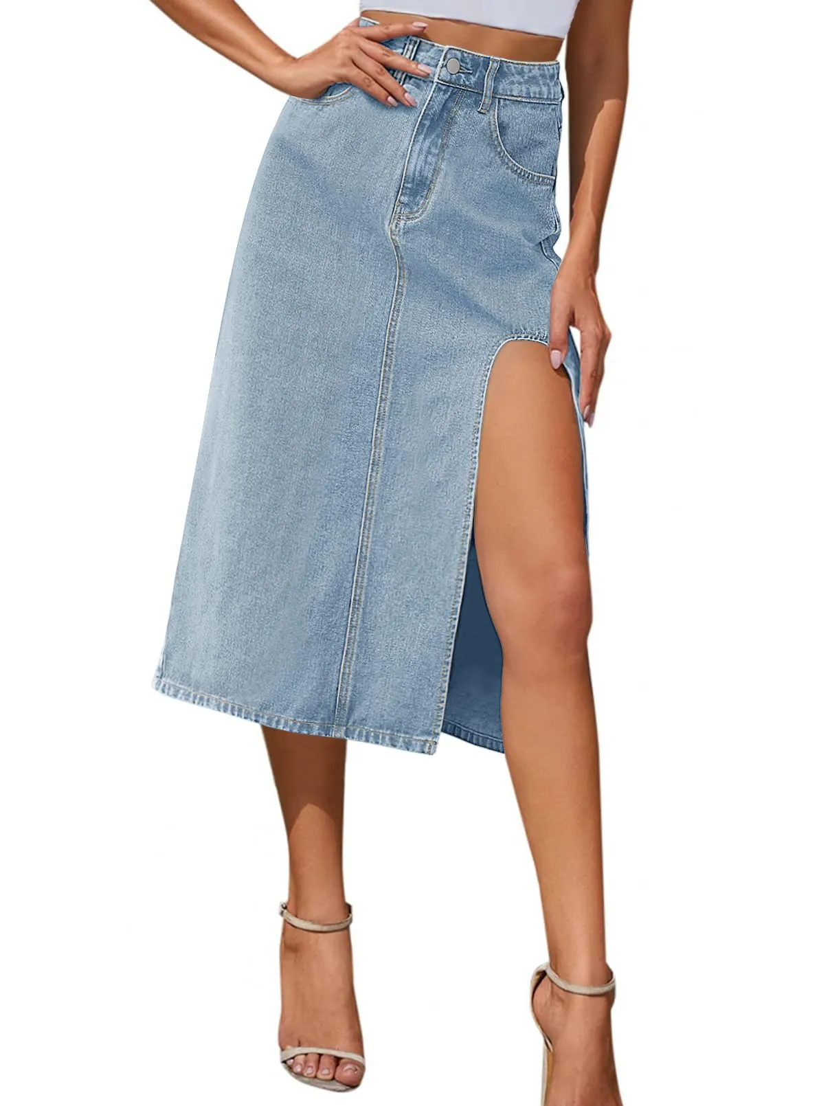 MEROKEETY Thigh High Waist A Line Side Split Midi Denim Skirt