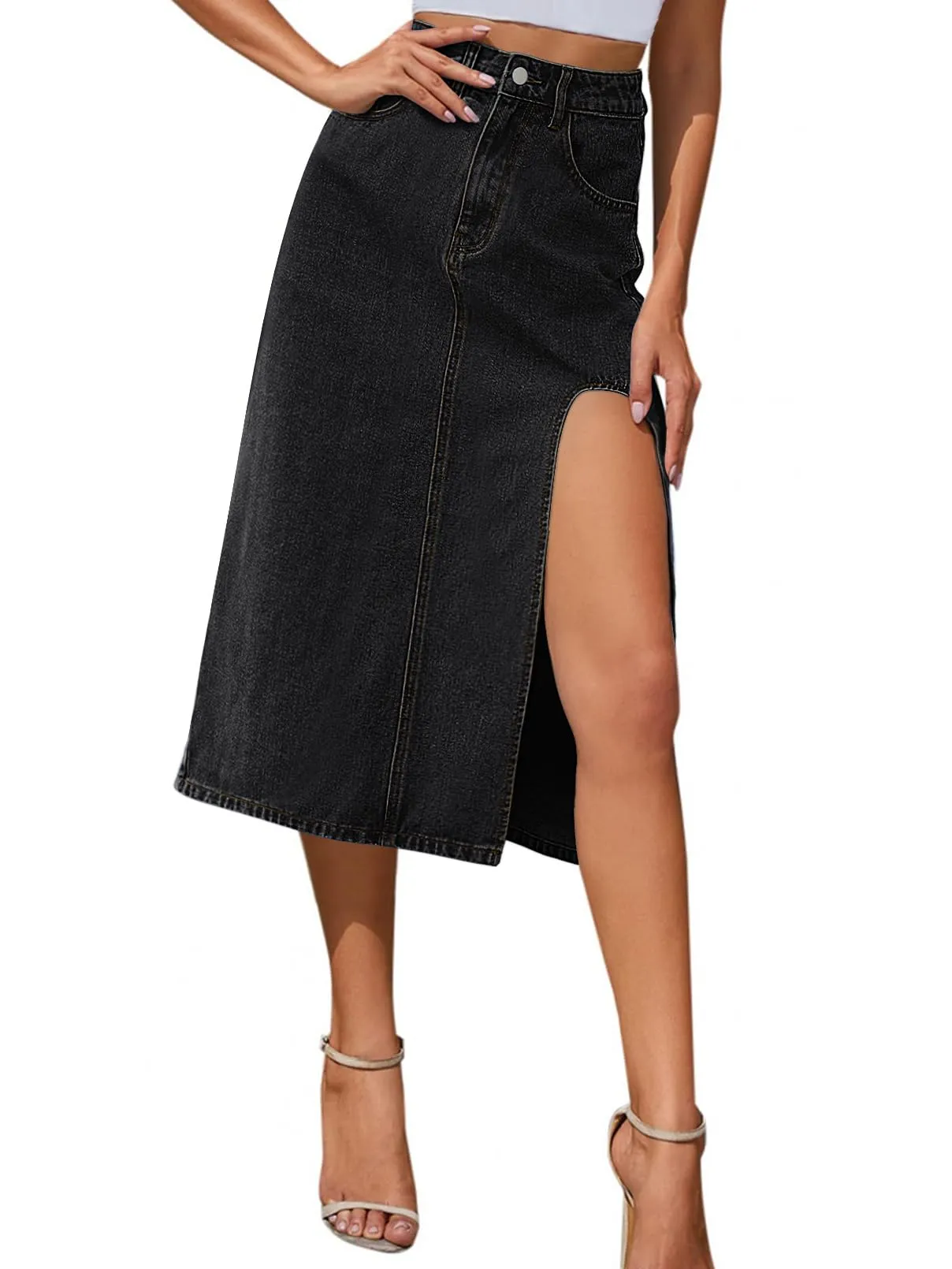 MEROKEETY Thigh High Waist A Line Side Split Midi Denim Skirt