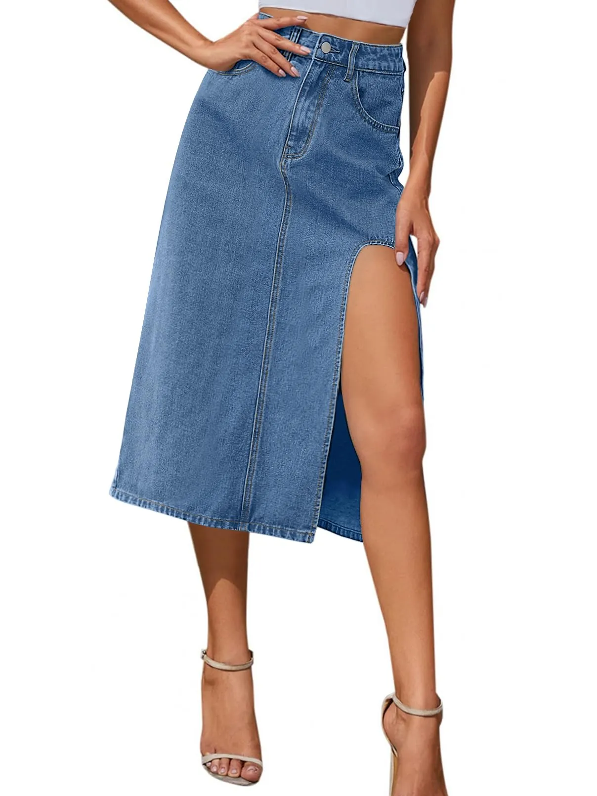 MEROKEETY Thigh High Waist A Line Side Split Midi Denim Skirt