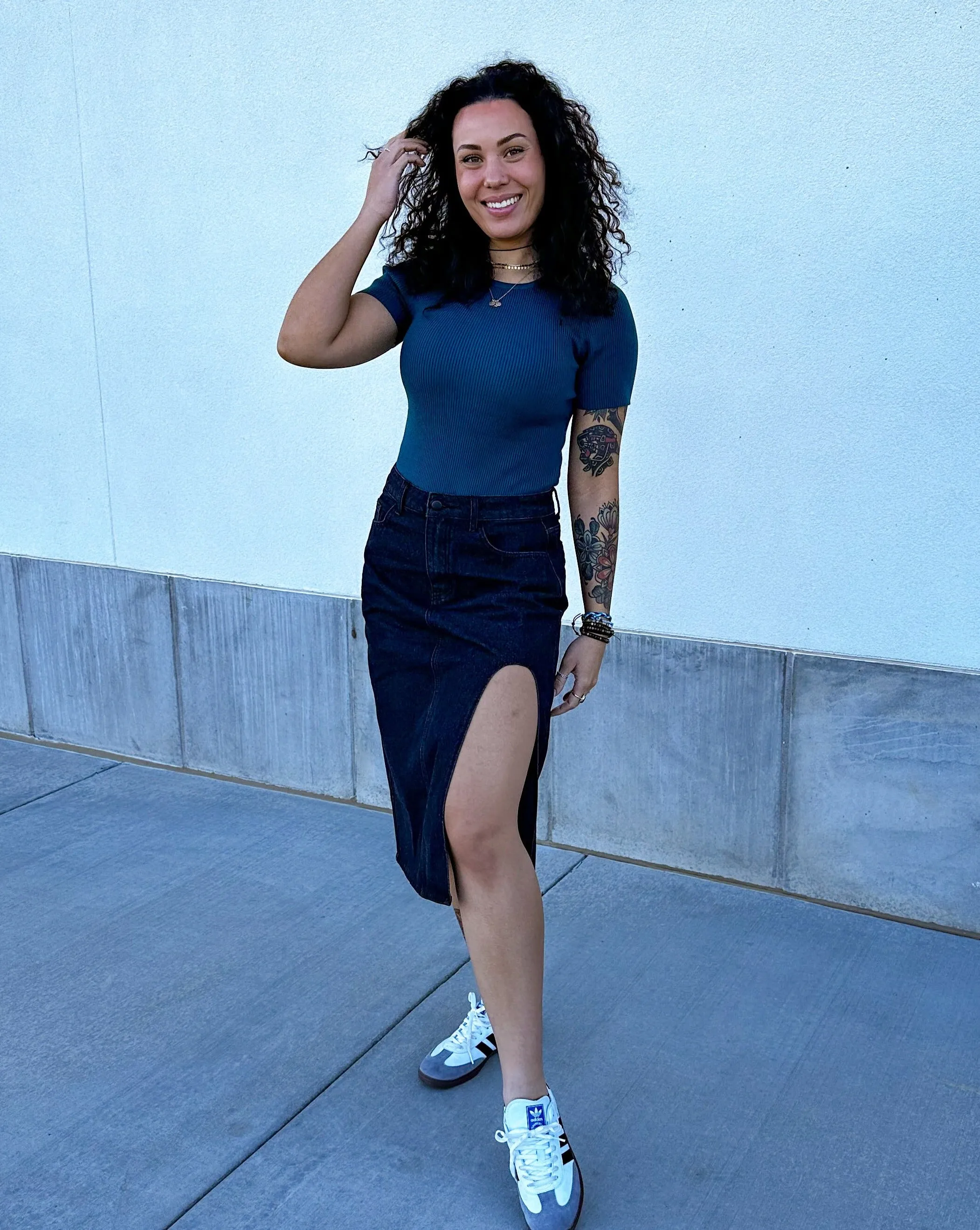 MEROKEETY Thigh High Waist A Line Side Split Midi Denim Skirt