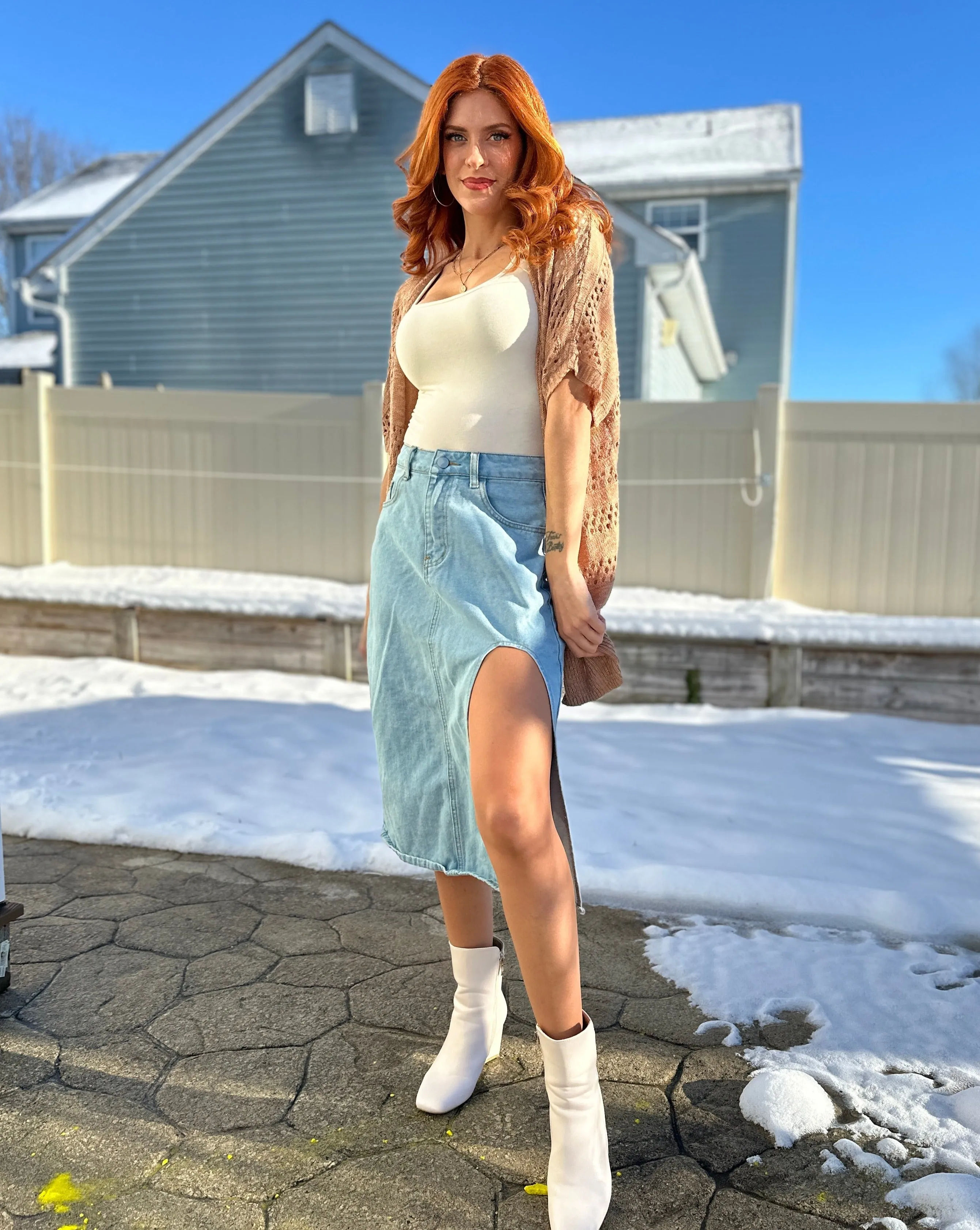 MEROKEETY Thigh High Waist A Line Side Split Midi Denim Skirt