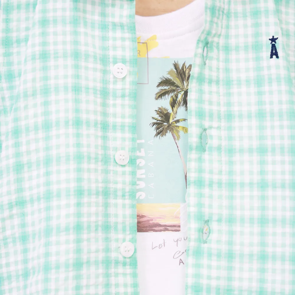 Mint Checked Shirt With Shorts & White T-Shirt