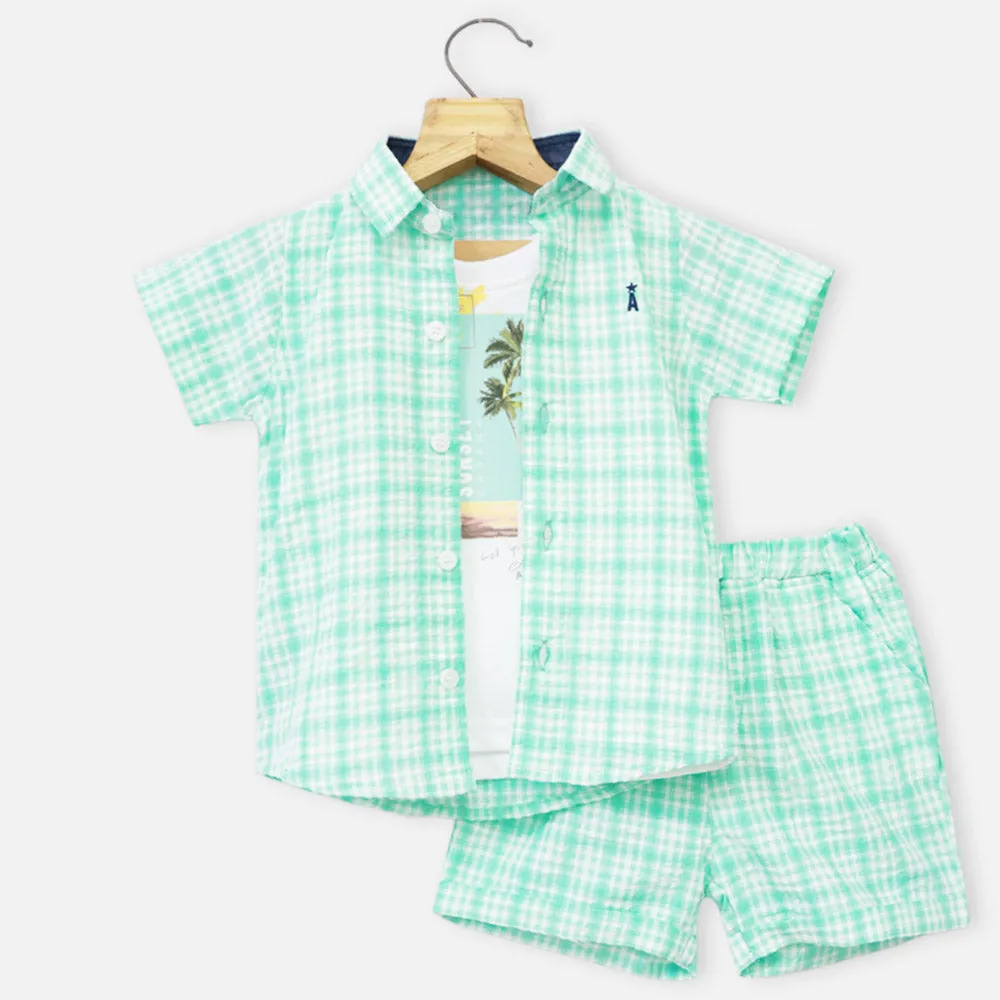 Mint Checked Shirt With Shorts & White T-Shirt