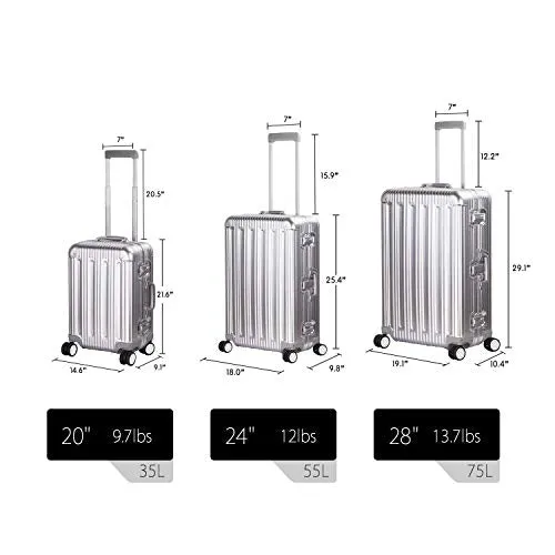 Multi-size All Aluminum Hard Shell Luggage Case Carry On Spinner Suitcase By TravelKing 20"-28" (Silver, 20")