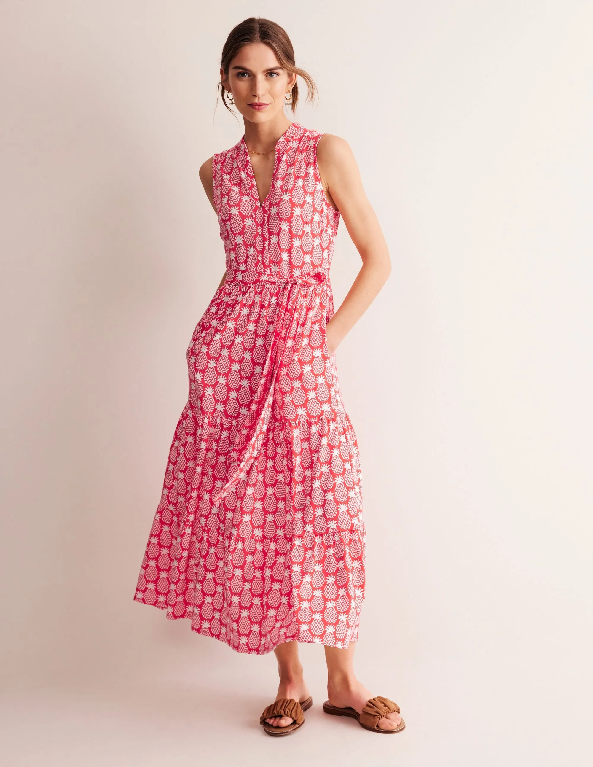 Naomi Notch Collar Maxi Dress-Hibiscus, Pineapple Geo