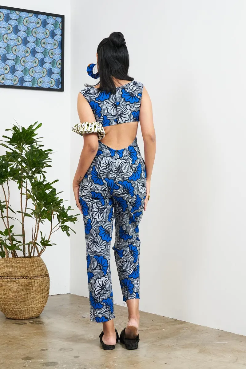 Nilaja Open Back Jumpsuit - Blue/Grey Rolls Royce