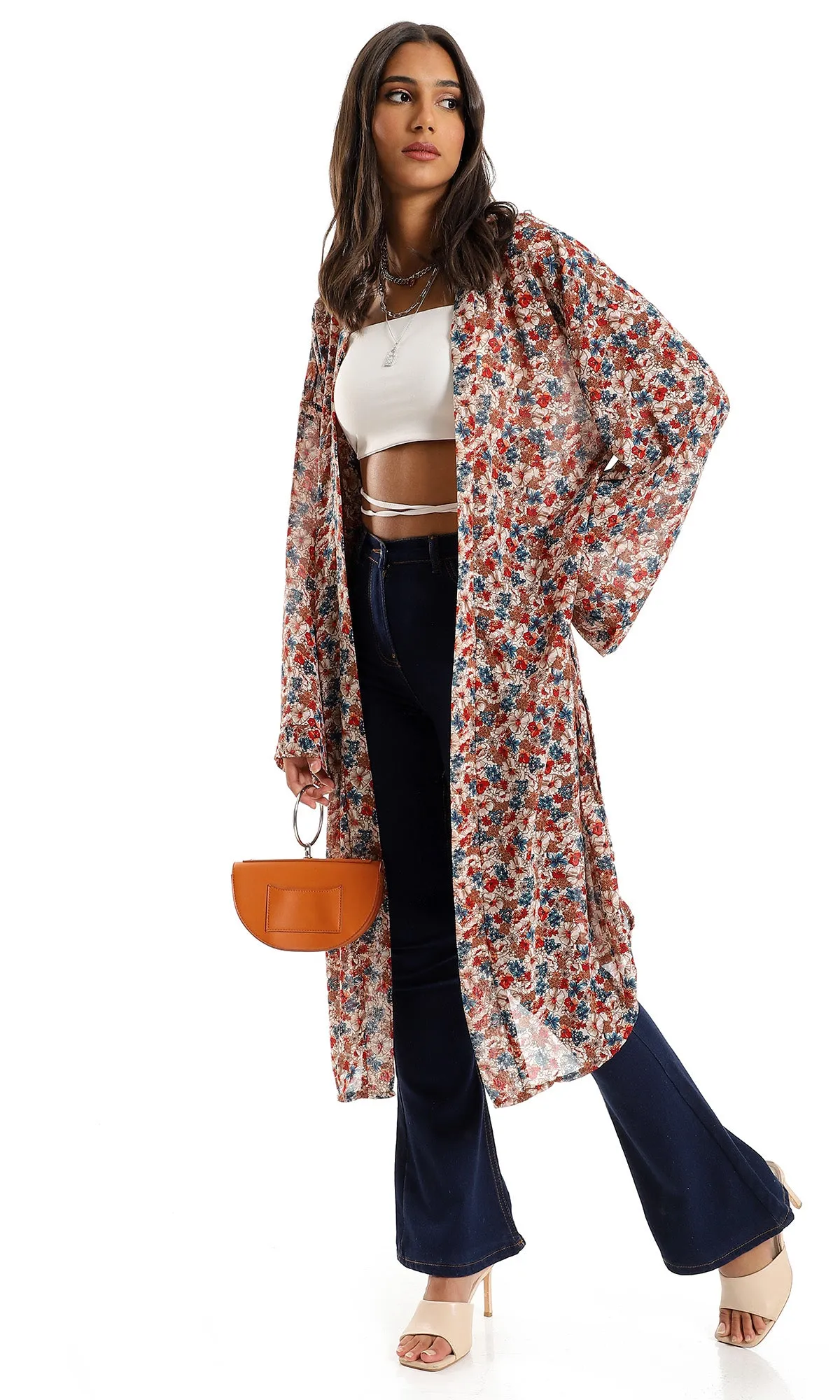 O156329 Trendy Slip On Floral Polyester Cardigan - Multicolour