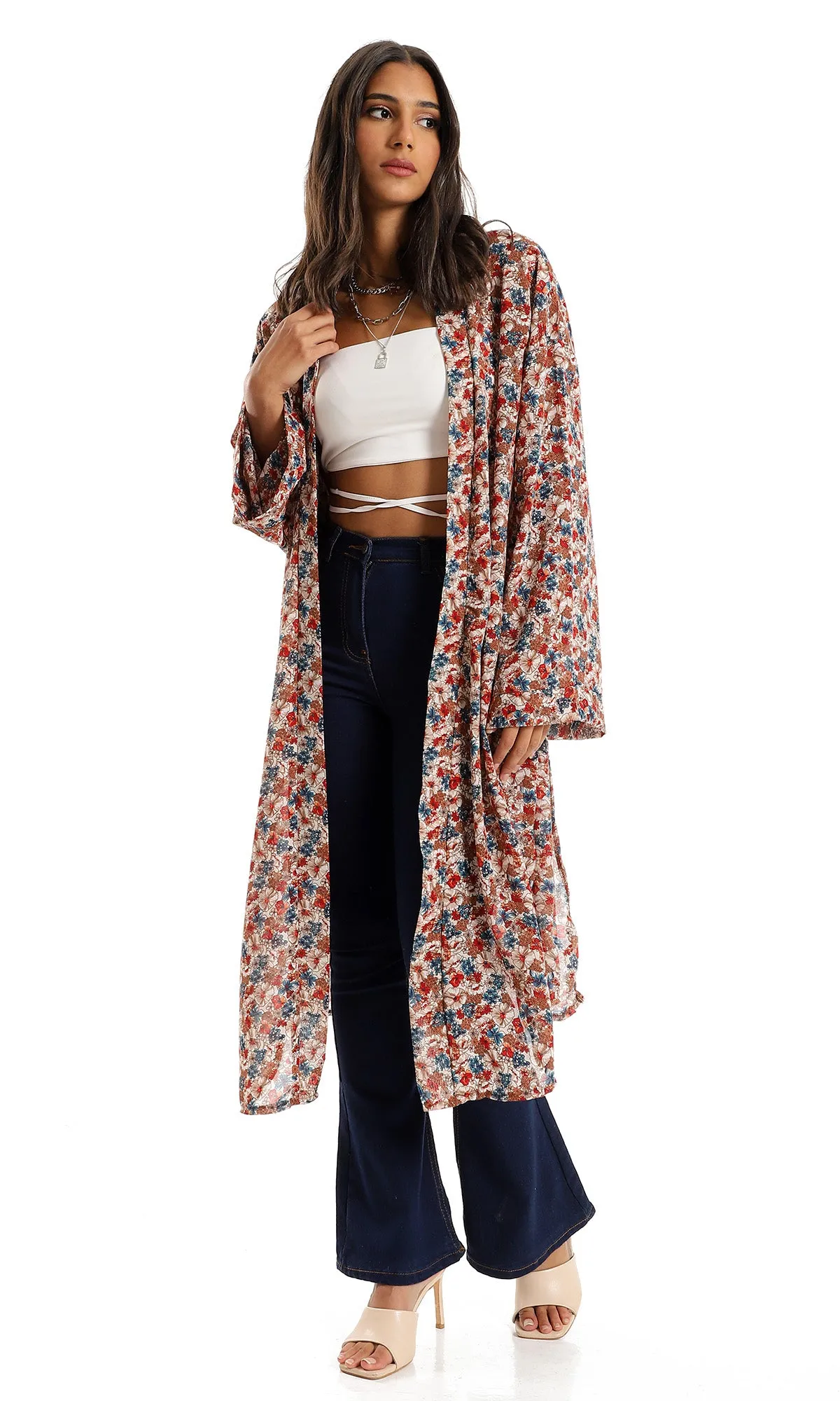 O156329 Trendy Slip On Floral Polyester Cardigan - Multicolour