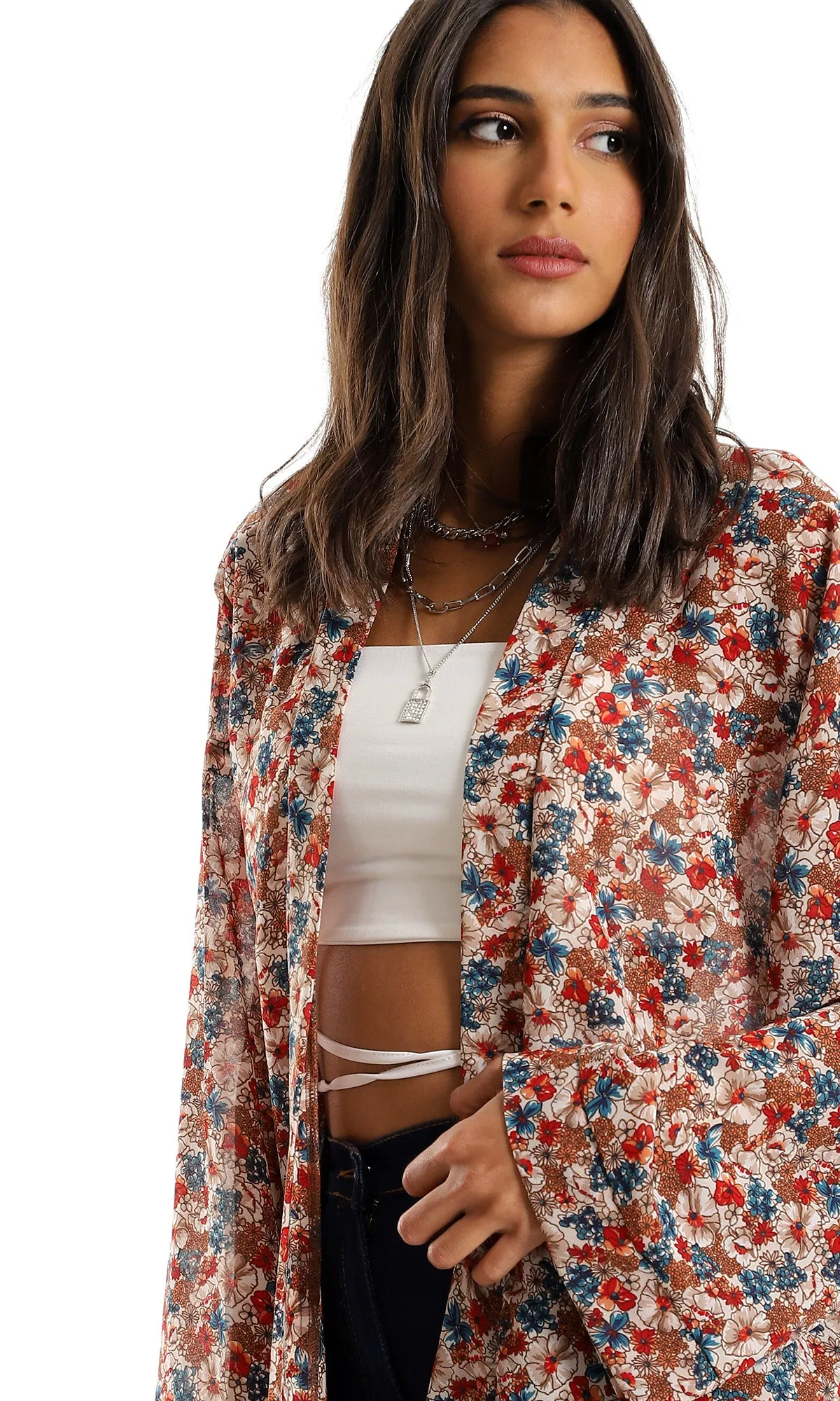 O156329 Trendy Slip On Floral Polyester Cardigan - Multicolour