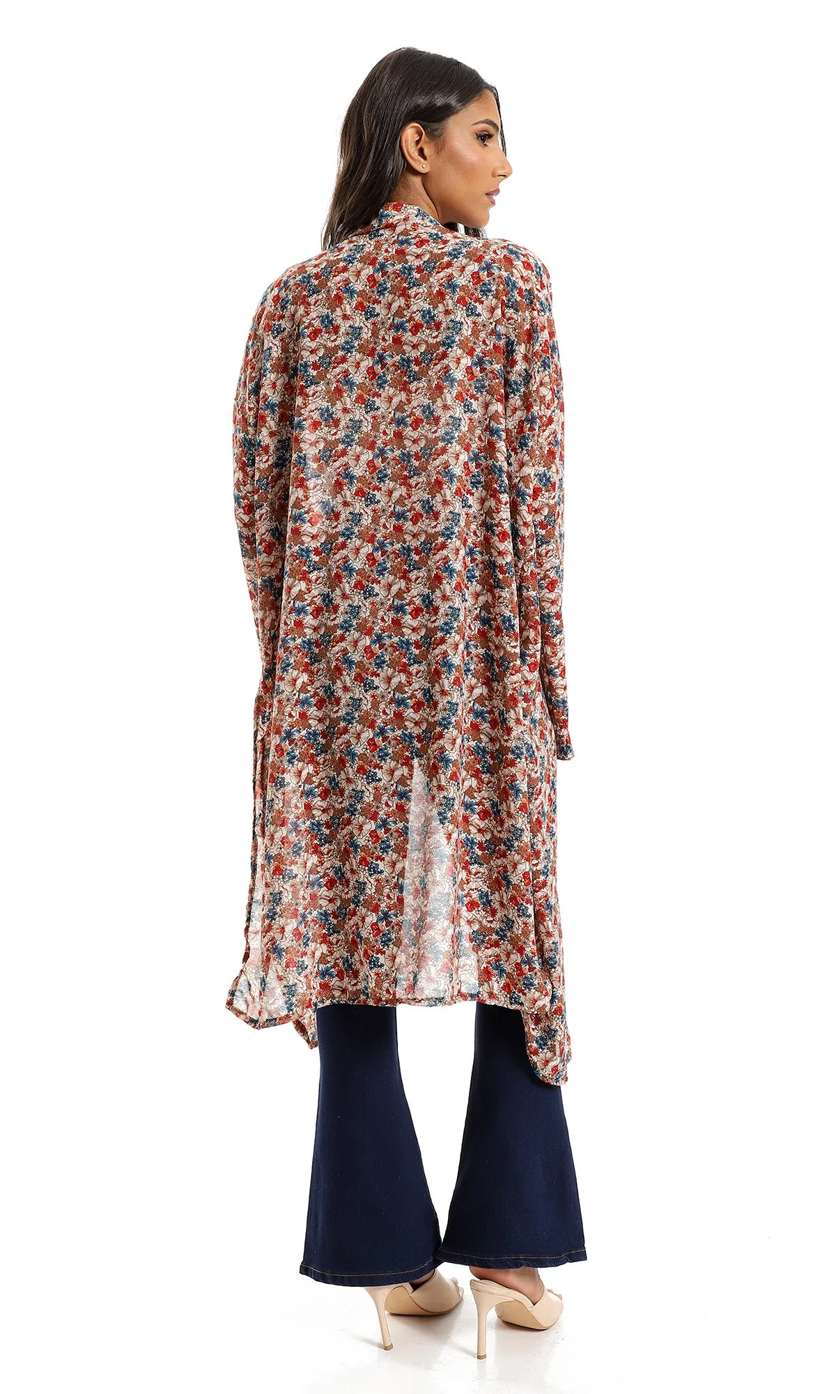 O156329 Trendy Slip On Floral Polyester Cardigan - Multicolour