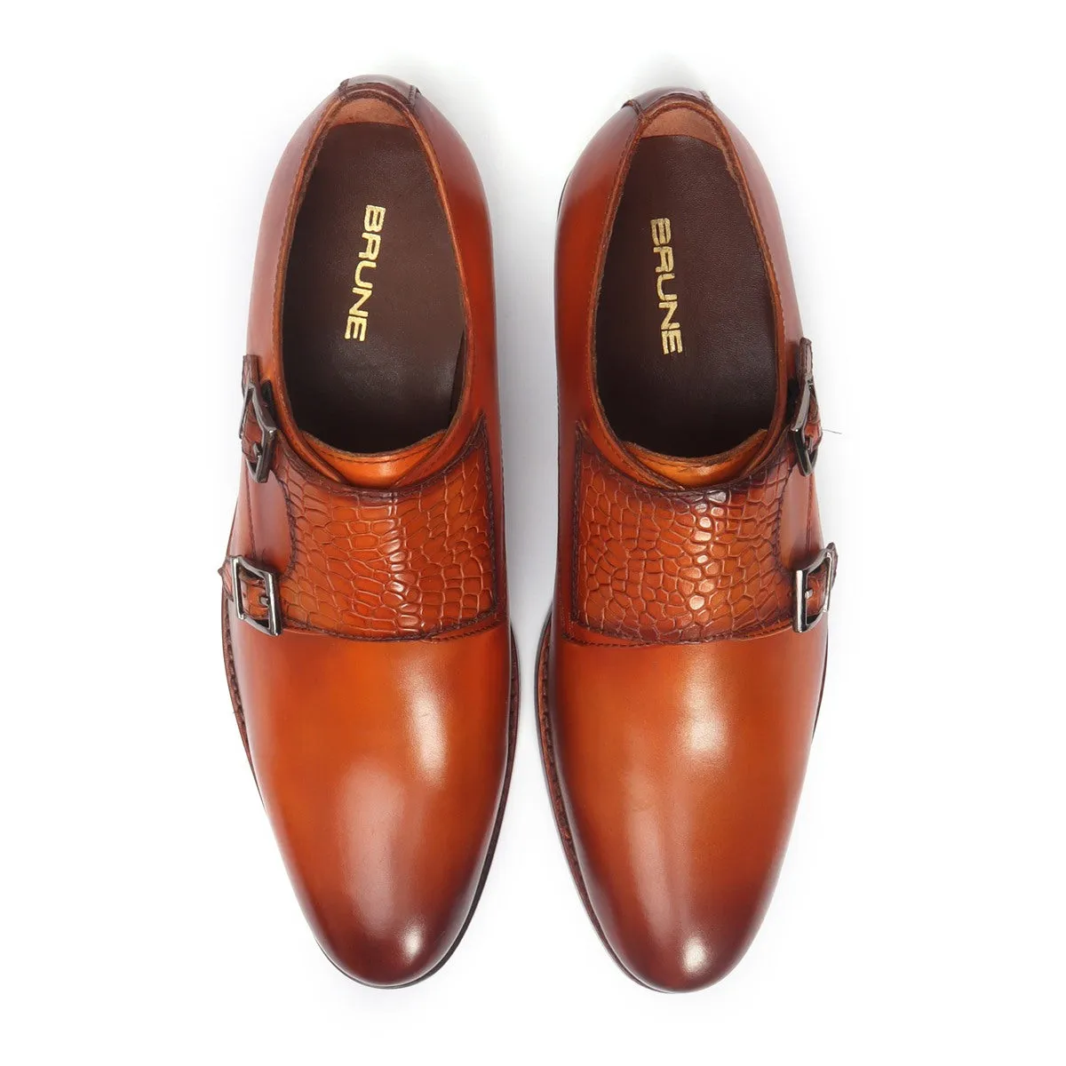 Orangish Tan Croco Strap Double Monk Leather Shoes by Brune & Bareskin