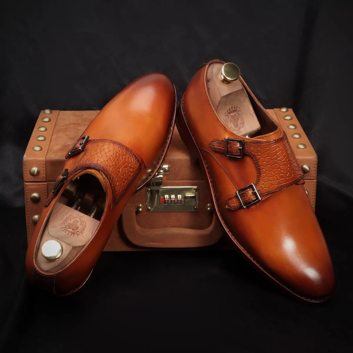 Orangish Tan Croco Strap Double Monk Leather Shoes by Brune & Bareskin