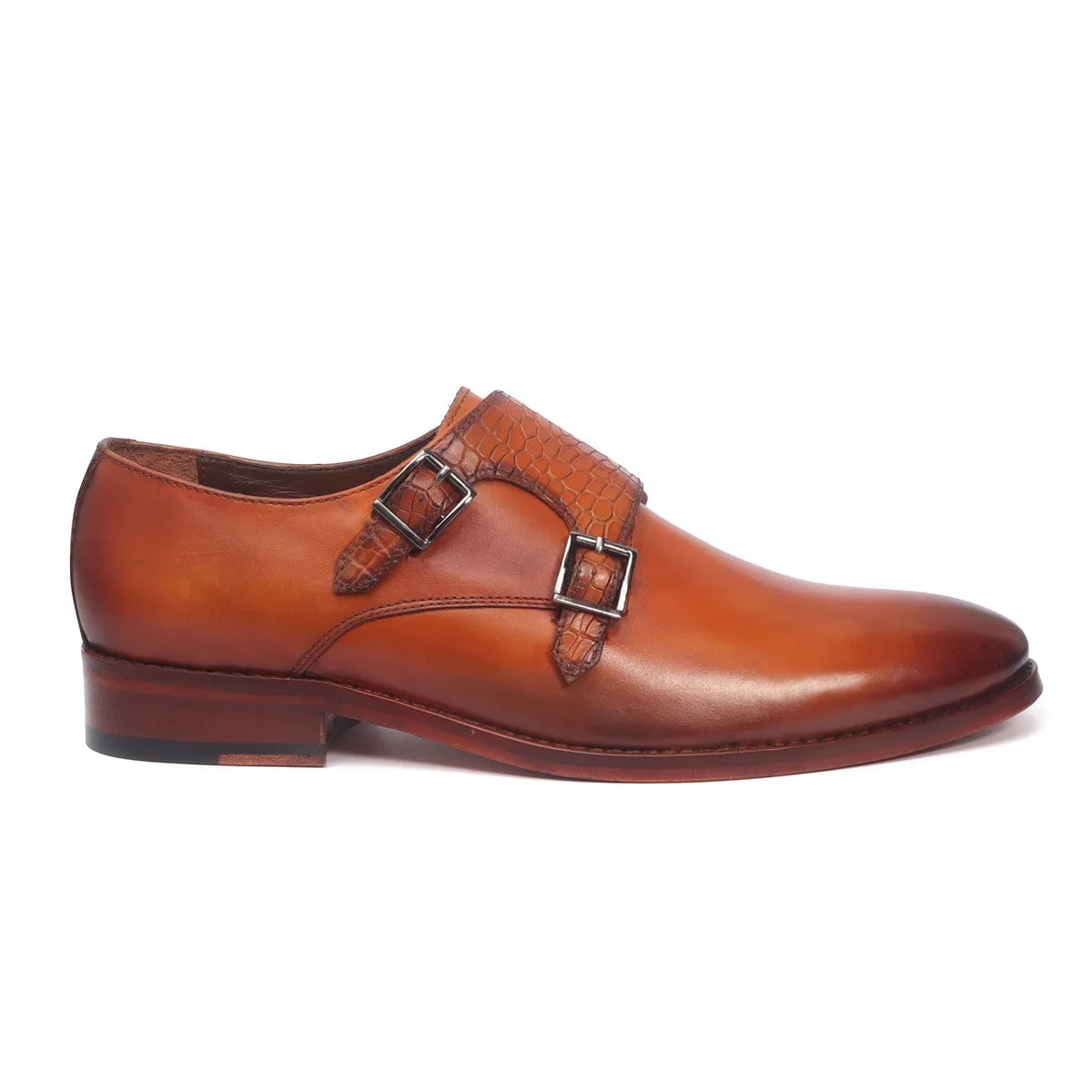 Orangish Tan Croco Strap Double Monk Leather Shoes by Brune & Bareskin