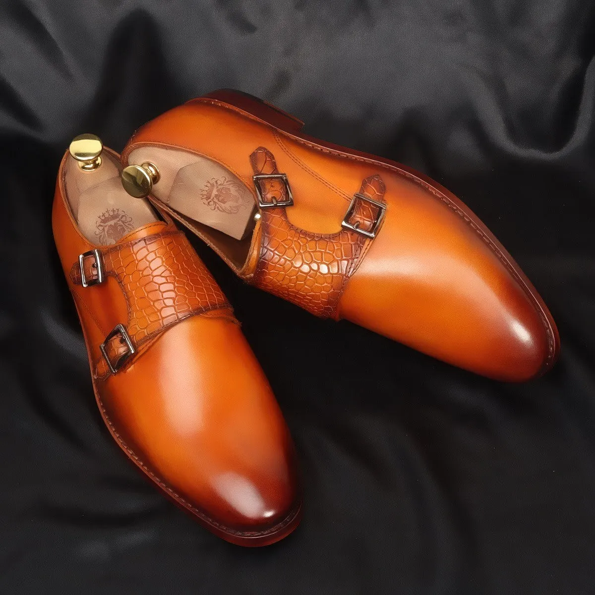 Orangish Tan Croco Strap Double Monk Leather Shoes by Brune & Bareskin
