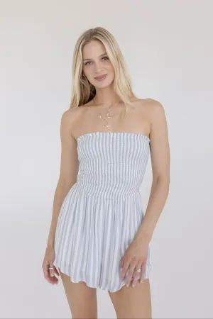 Parker Sleeveless Smocked Stripe Print Romper Blue