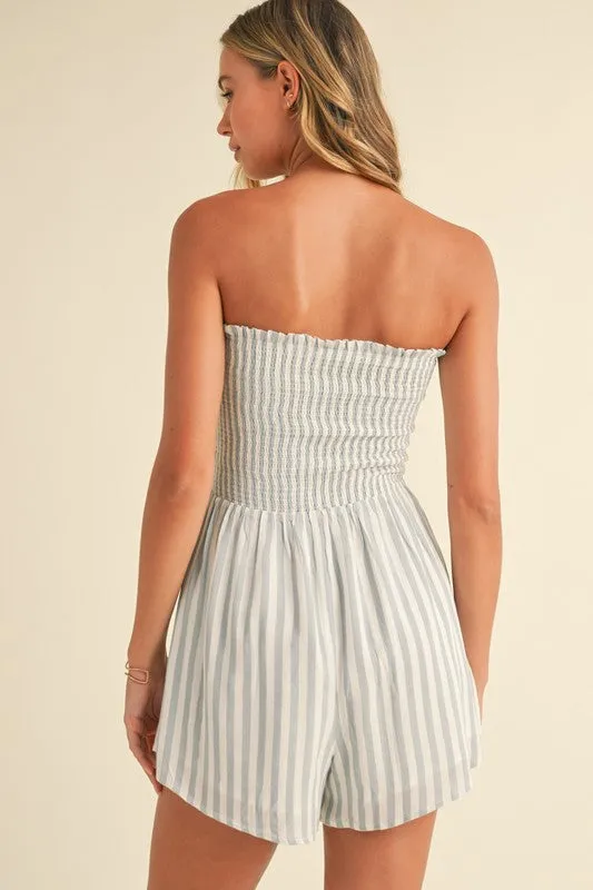 Parker Sleeveless Smocked Stripe Print Romper Blue