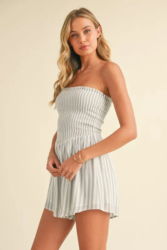 Parker Sleeveless Smocked Stripe Print Romper Blue