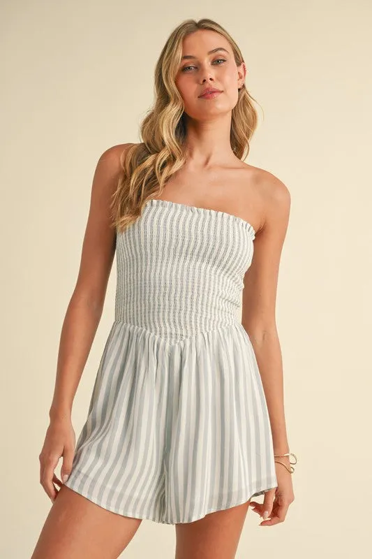 Parker Sleeveless Smocked Stripe Print Romper Blue