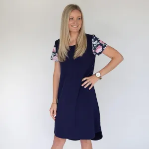Peach Bloom Floral Sleeve Dress in Navy - Zippers