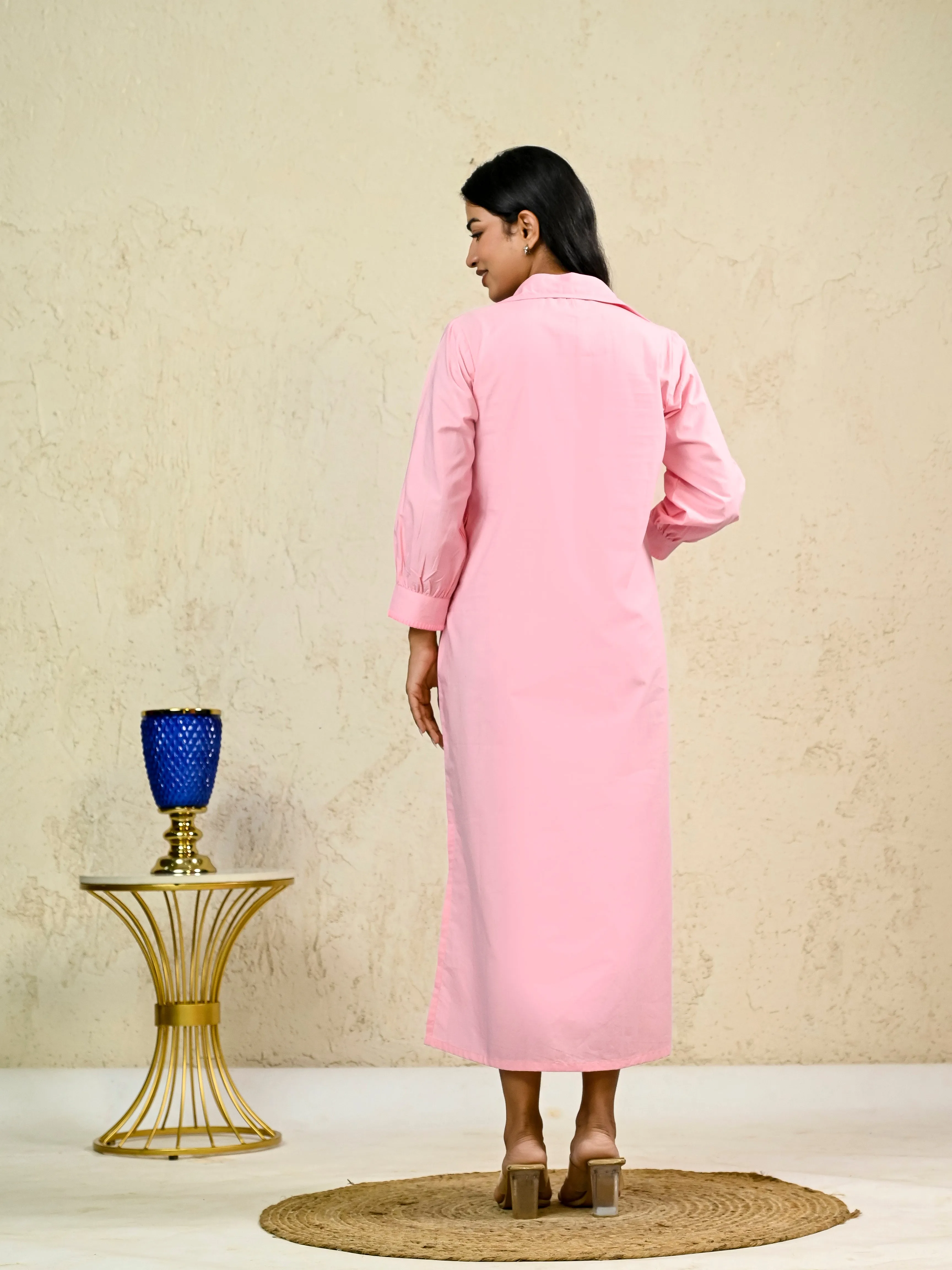 PINK LONG EMBROIDERY SHIRT DRESS