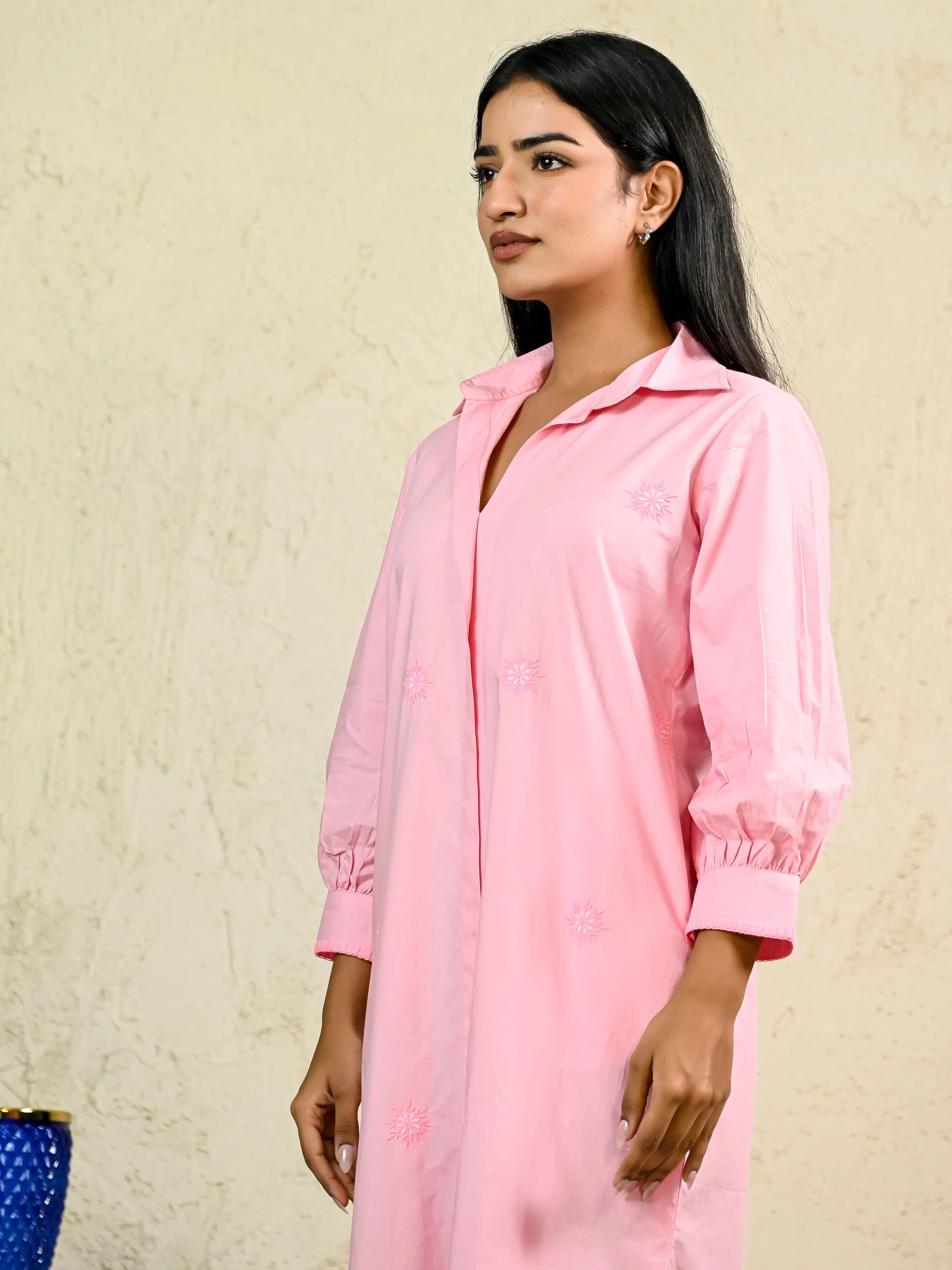 PINK LONG EMBROIDERY SHIRT DRESS