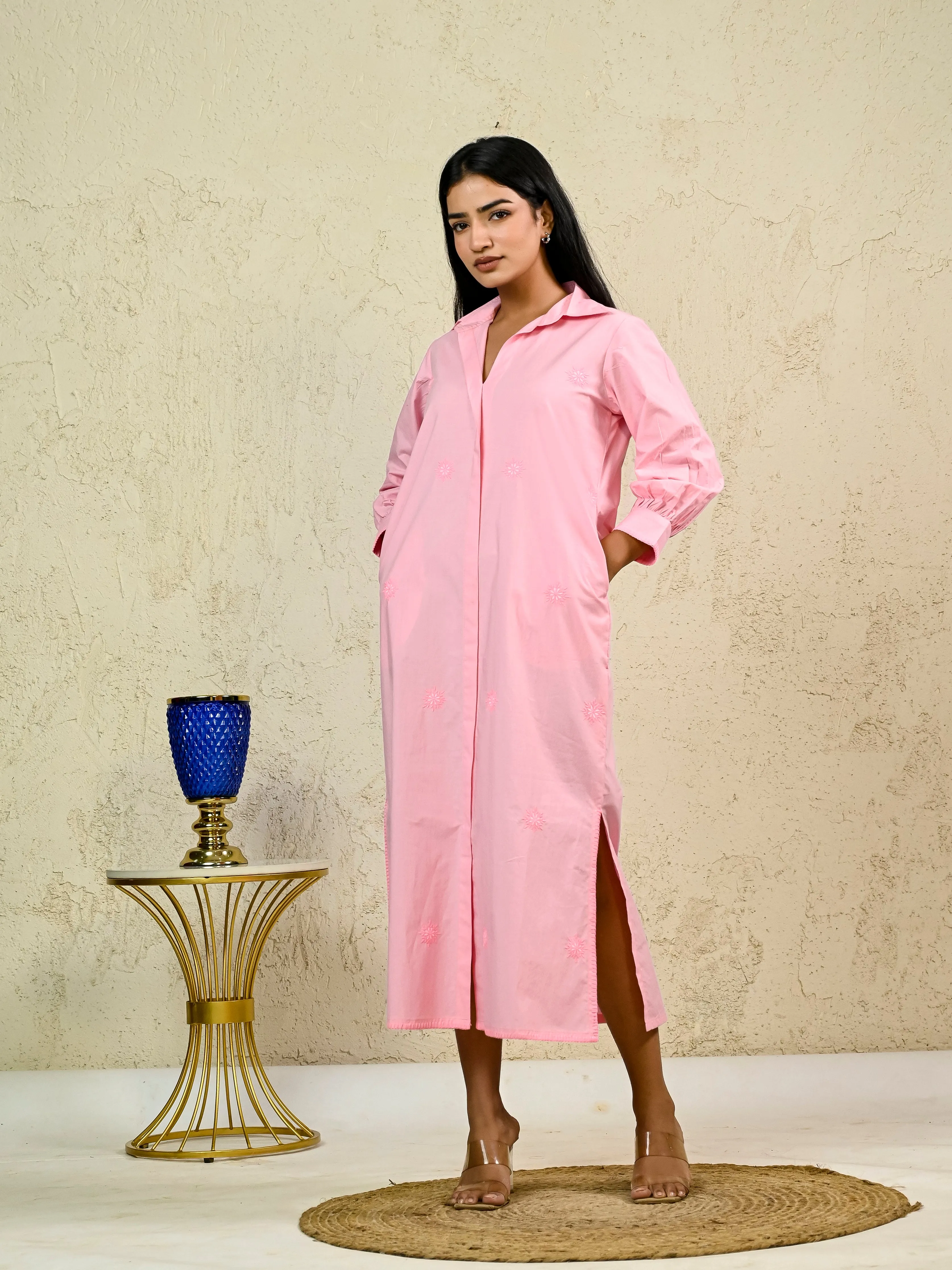 PINK LONG EMBROIDERY SHIRT DRESS