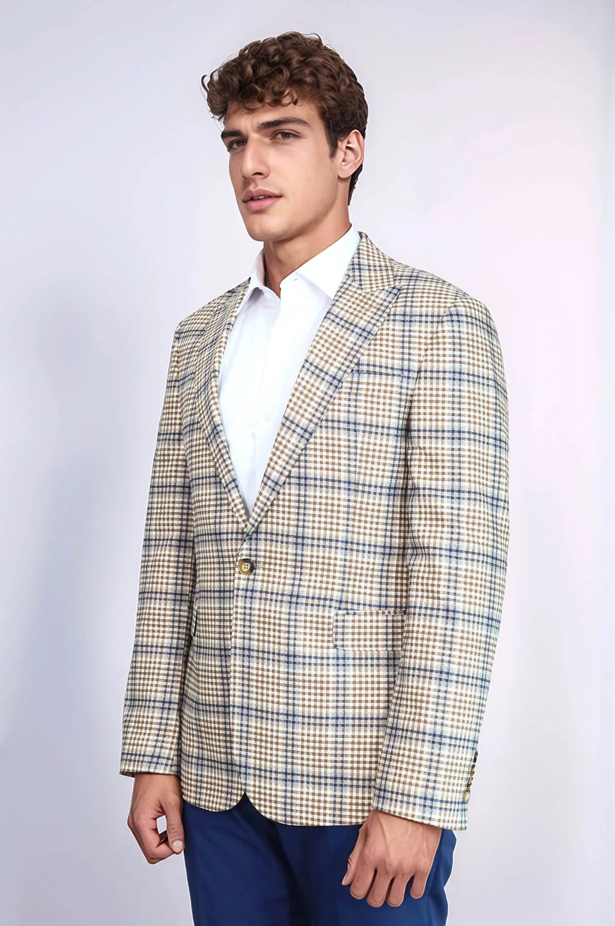 Plaid Slim-Fit Brown Blue Men Blazer - Wessi