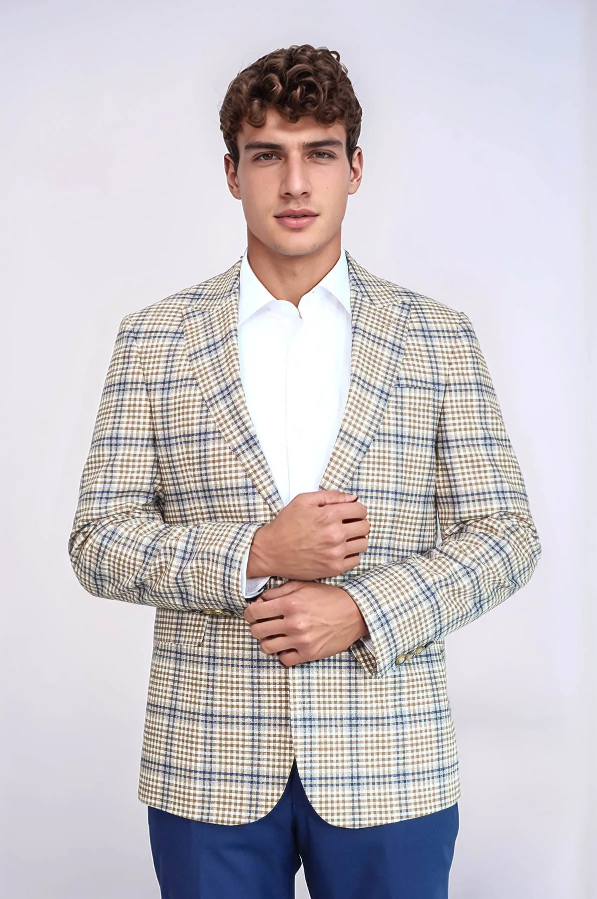 Plaid Slim-Fit Brown Blue Men Blazer - Wessi