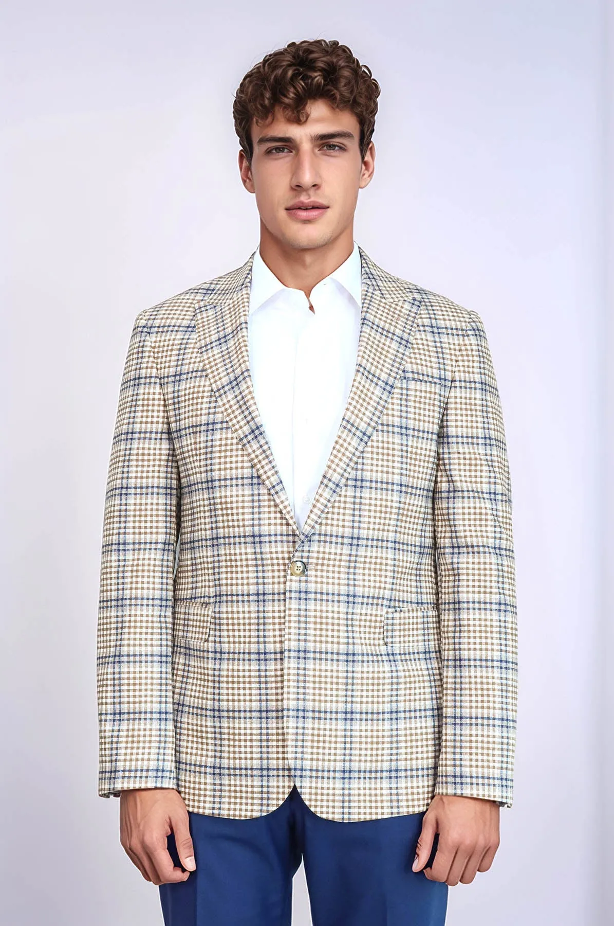 Plaid Slim-Fit Brown Blue Men Blazer - Wessi