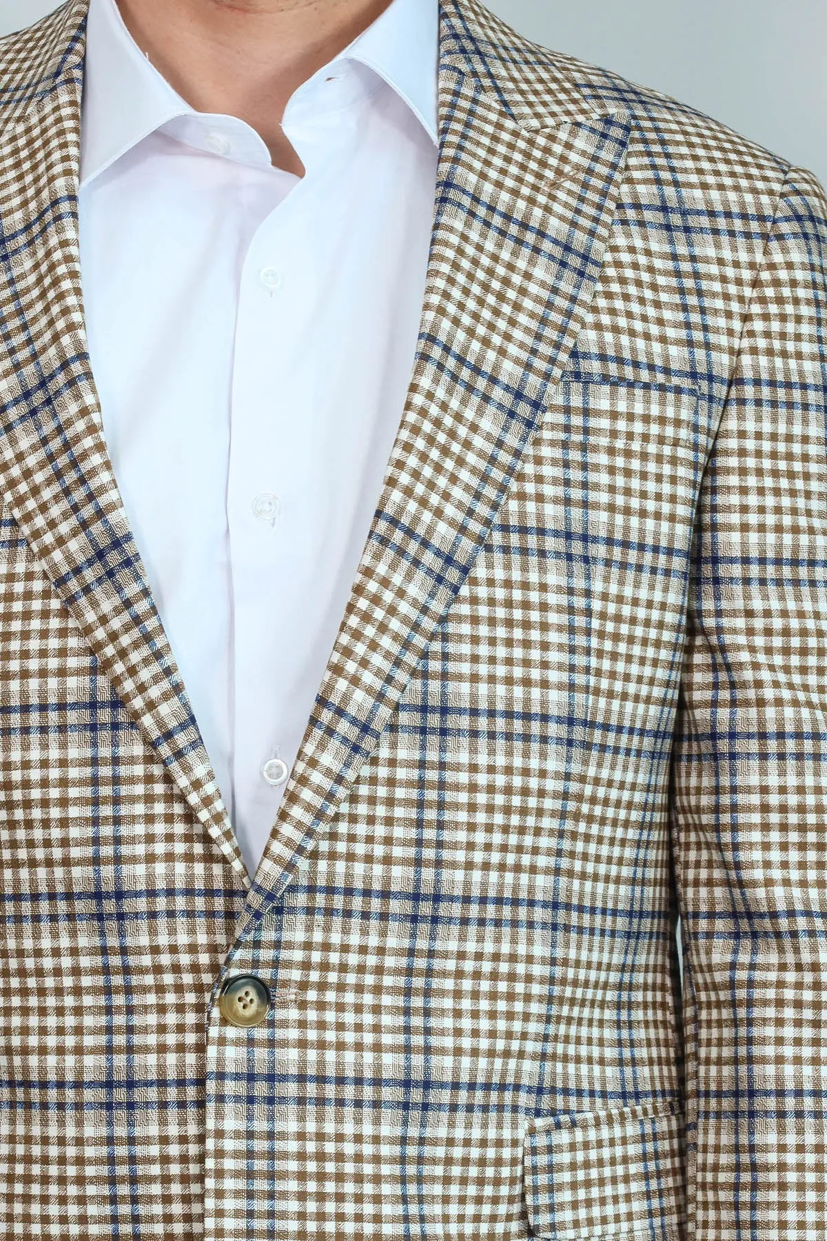 Plaid Slim-Fit Brown Blue Men Blazer - Wessi
