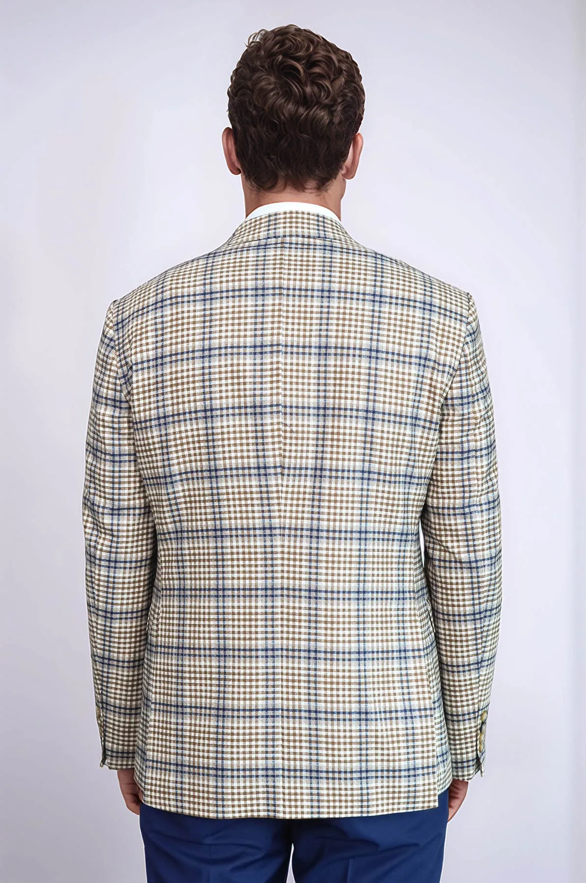 Plaid Slim-Fit Brown Blue Men Blazer - Wessi
