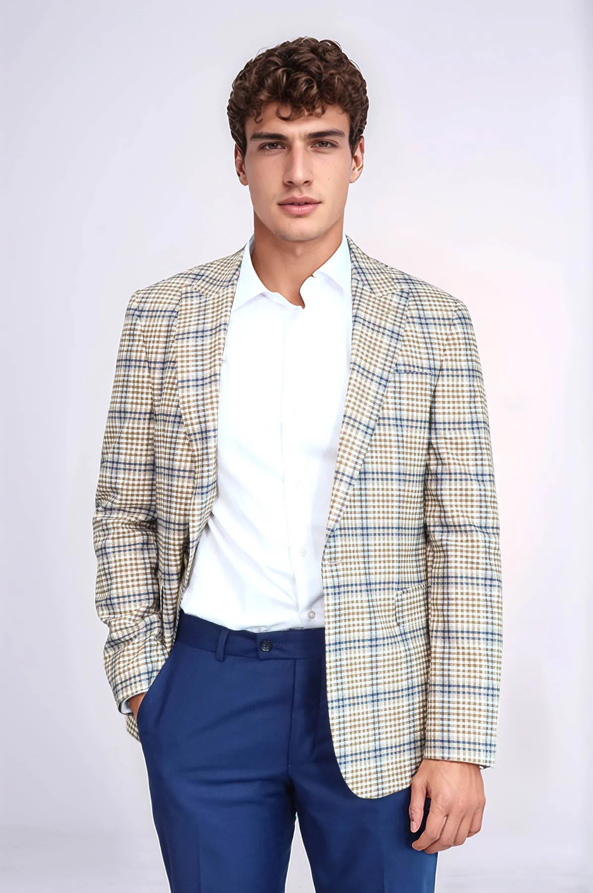 Plaid Slim-Fit Brown Blue Men Blazer - Wessi
