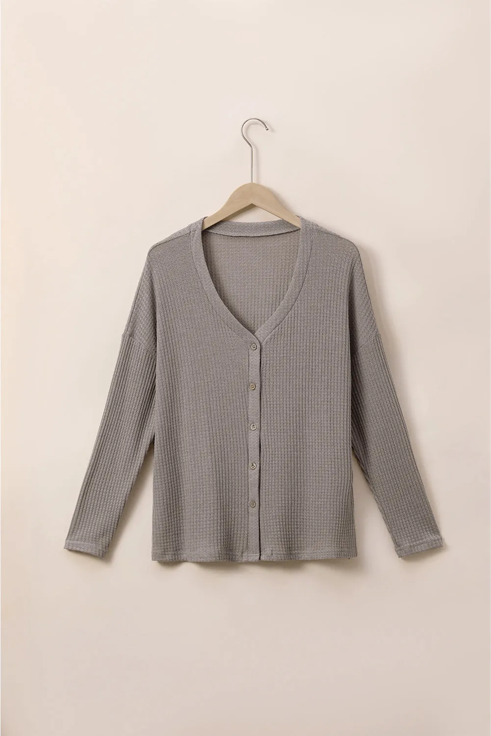 Plus Size Waflle Knit Buttoned V-Neck Top