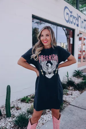 "Freebird" Eagle Graphic T-Shirt Dress - Mineral Black