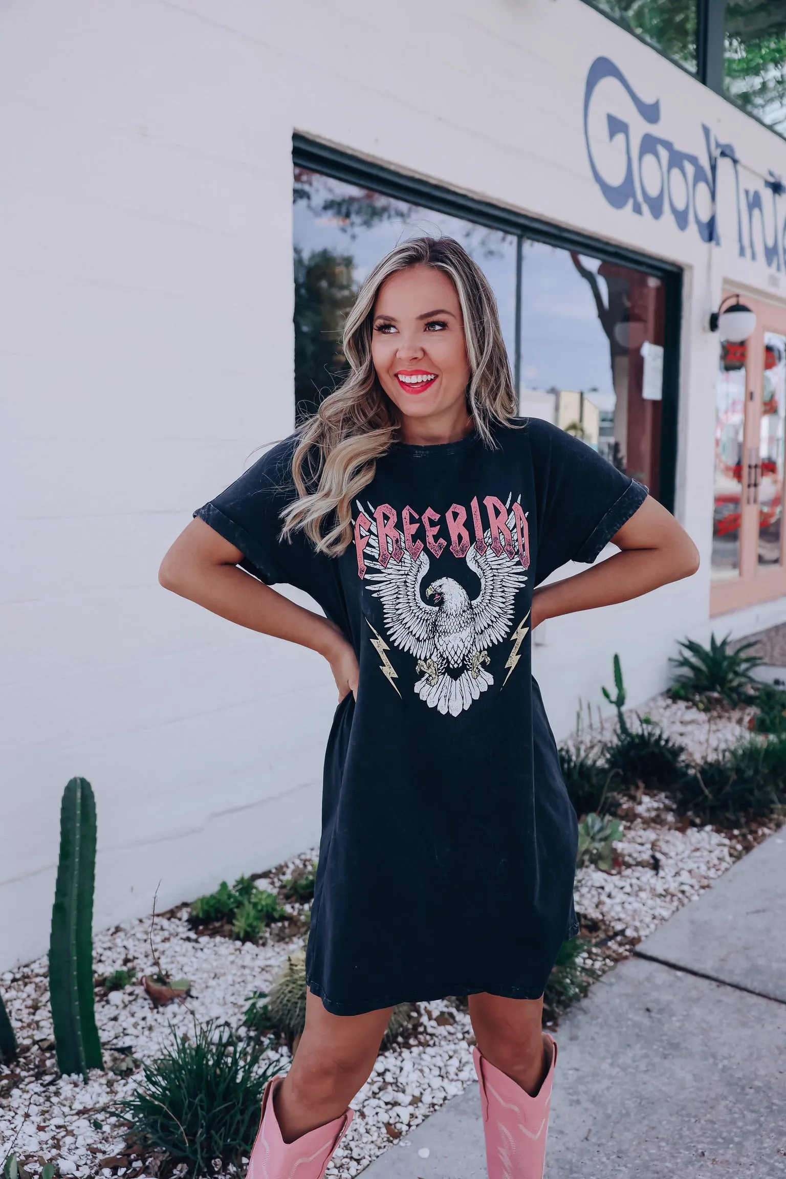 "Freebird" Eagle Graphic T-Shirt Dress - Mineral Black