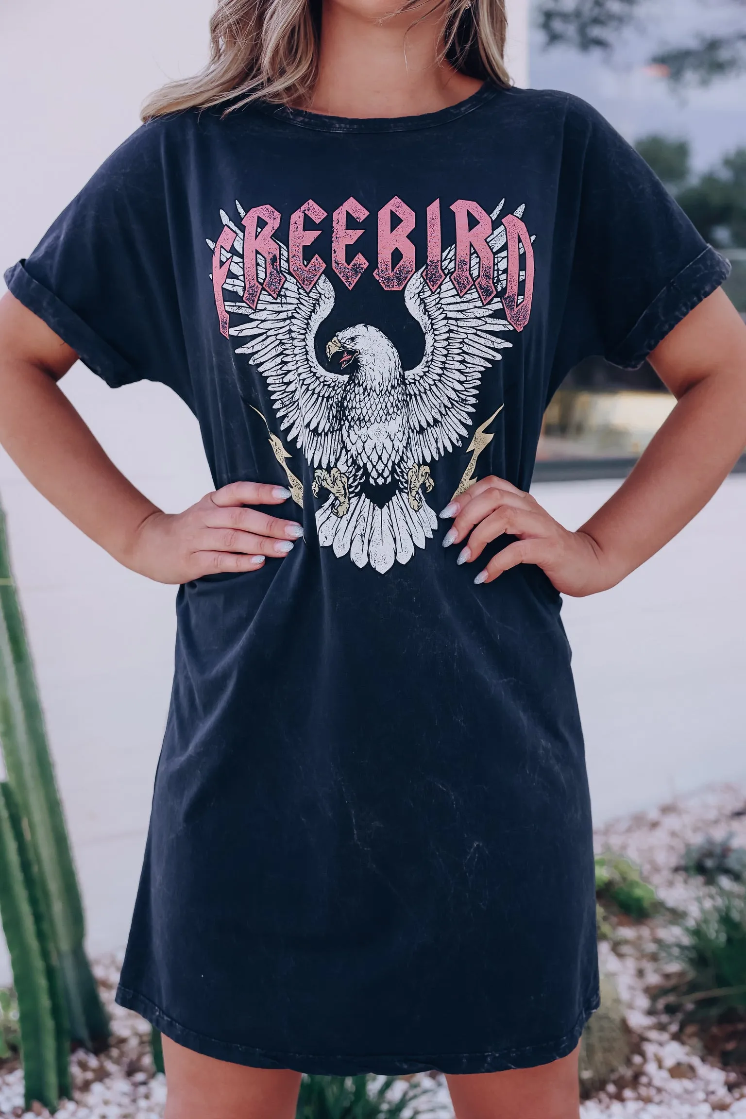 "Freebird" Eagle Graphic T-Shirt Dress - Mineral Black