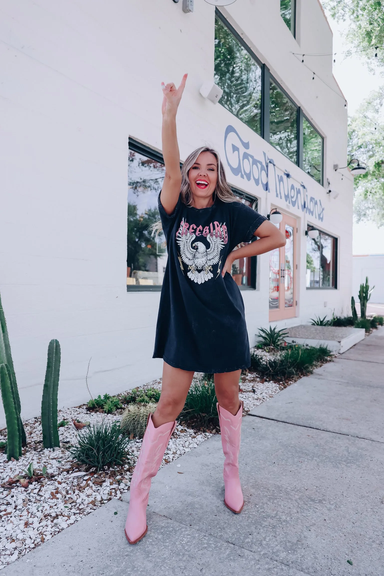"Freebird" Eagle Graphic T-Shirt Dress - Mineral Black