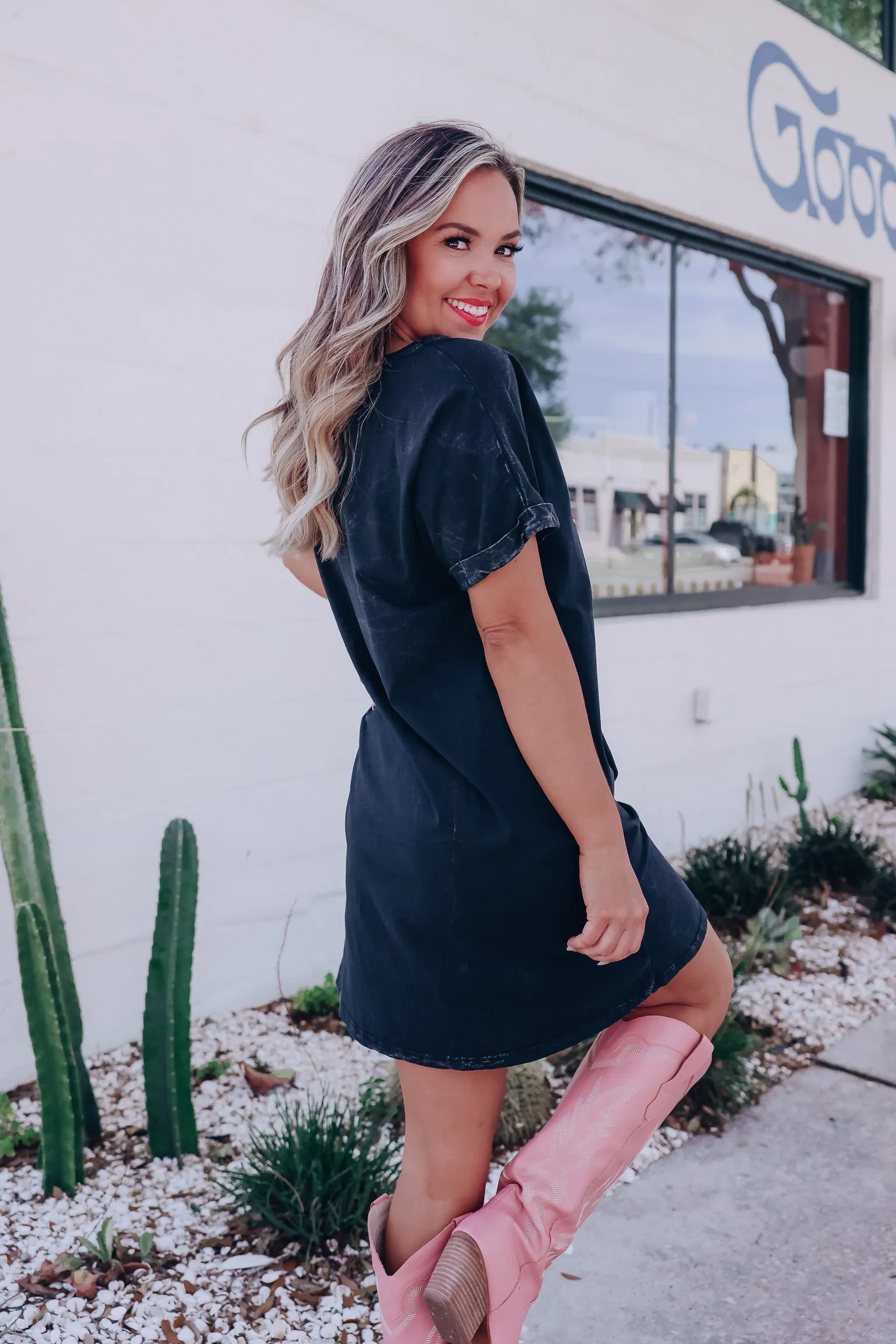 "Freebird" Eagle Graphic T-Shirt Dress - Mineral Black